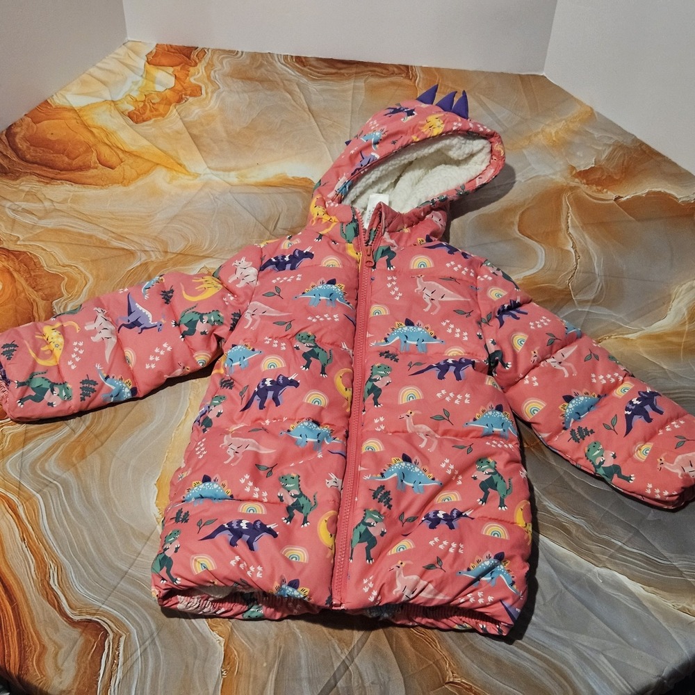 Gymboree Girls 5T Dinosaur Puffer Jacket Pink Hooded Sherpa Lined